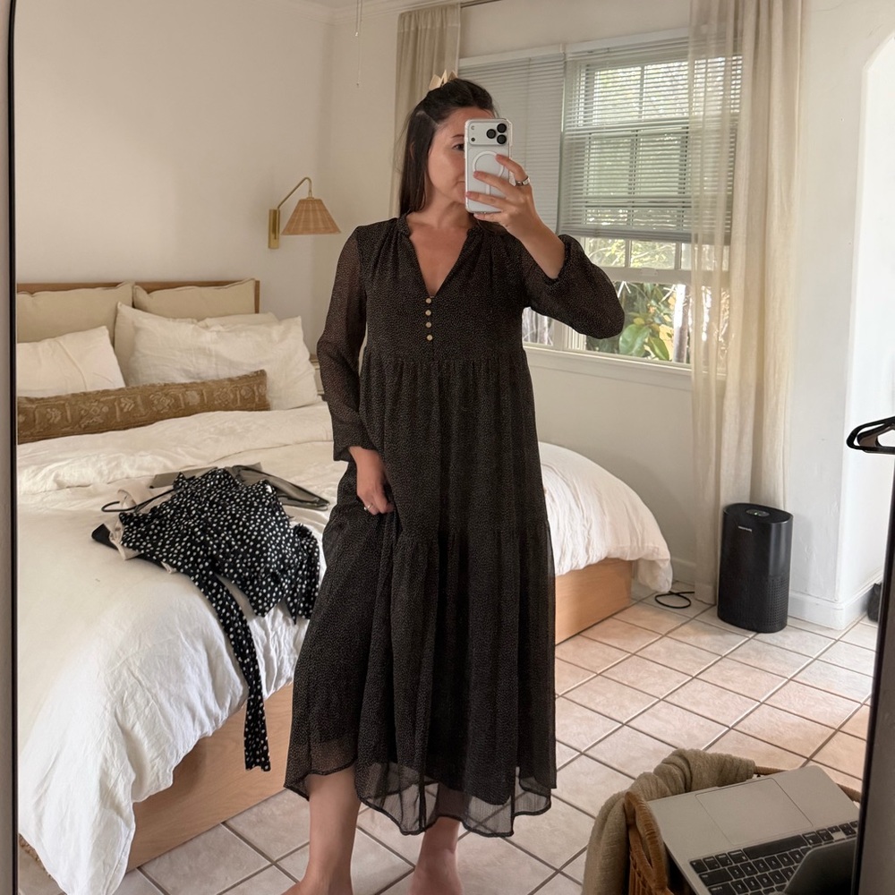 LOFT flowy Black Long Sleeve Midi Dress with Button Front